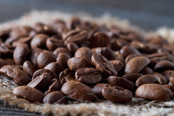 Roasted coffee beans close-up selective focus