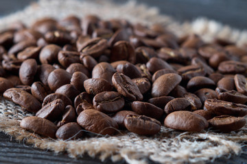 Roasted coffee beans close-up selective focus