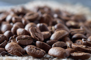 Roasted coffee beans close-up selective focus