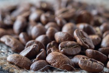 Roasted coffee beans close-up selective focus