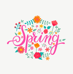 Spring card with handdrawn lettering in floral decorative frame. Vector Illustration for your design.
