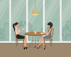 Two girls in the cafe. There are young women, sitting at the table and drinking coffee on a window background in the picture. There is also a vase with willow branches on the table. Vector image