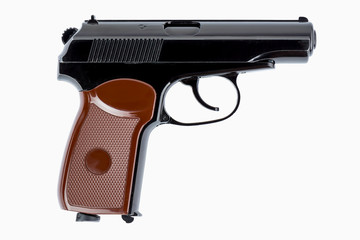 Firearms, pistol isolated on white background, close-up