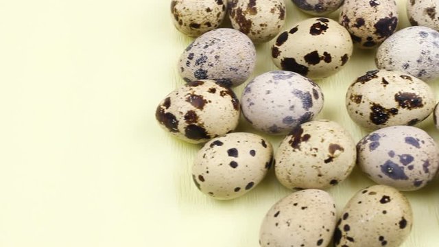 Quail easter eggs on pastel yellow surface in minimalism style close up.