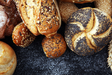 Different kinds of bread and bread rolls. Kitchen or bakery poster design