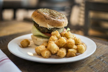 grilled hamburger and fries/tater tots