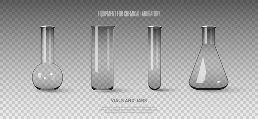 A set of flasks and test tubes isolated on a transparent background. Equipment for chemical laboratory. Transparent glass test tubes Vector illustration - obrazy, fototapety, plakaty