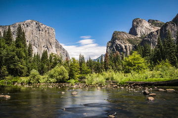 Long Exposure of the Merced River in Yosemite Looking at the Three Sisters and El Capitan view from Yosemite Valley