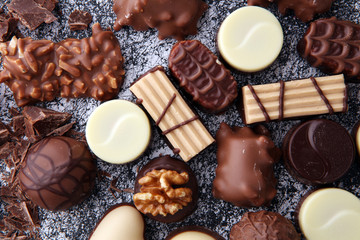 a lot of variety chocolate pralines, belgian confectionery gourmet chocolate