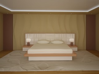 Modern bedroom with comfortable large bed and stylish beige background.