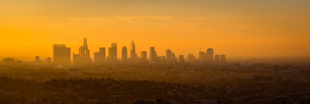 Panoramic view of Los Angeles skyline at sunrise