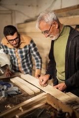 Senior and young carpenter  posing for a camera