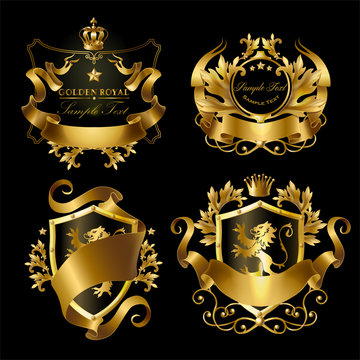 Vector golden royal stickers with crowns, shields, ribbons, lions, stars. Templates of gold labels for networking companies, web design, internet business. Elegant monogram for advertising, promotion