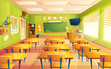 Vector cartoon empty elementary or high school, college, university classroom background. Illustration with room interior indoor objects - desk table board chair tv set. Learning, education backdrop