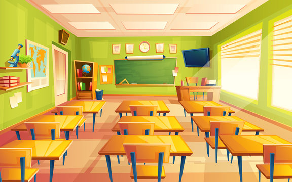 Vector cartoon empty elementary or high school, college, university  classroom background. Illustration with room interior indoor objects - desk  table board chair tv set. Learning, education backdrop Stock Vector | Adobe  Stock