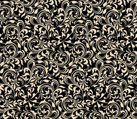 Gordijnen Naadloos abstract bloemenpatroon. Goud en zwarte vector achtergrond. Geometrische blad sieraad. Grafisch modern patroon. © ELENA
