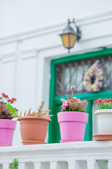 Traditional greek colorful flowerpots with flowers on steps on streets of old village in Greece