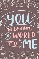 Hand drawn poster with love elements. Brush calligraphy. Happe Valentines Day. Vector illustration