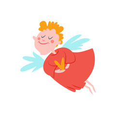 Flying curly-haired cupid in a red dress with a heart in her hands. Bright vector clipart in mid-century style.