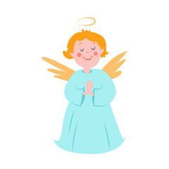 A praying angel in a blue dress with wings and a nimbus above his head. Cute funny clipart in mid-century style.