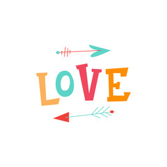 Simple greeting card with the word love and arrows on white background. Bright vector template in mid-century style.