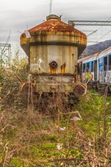 Fototapeta premium Belgrade, Serbia March 21, 2016: Abandoned and destroyed trains