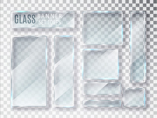 Glass transparent plates set. Vector glass modern banners isolated on transparent background. Flat glass. Realistic 3D design. Vector transparent object 10 eps.