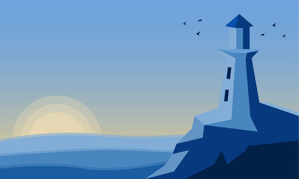 Flat vector illustration lighthouse in the light of the sunset with seagulls