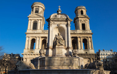 Fototapeta na wymiar The view of of Saint-Sulpice fontain and church in Paris, France