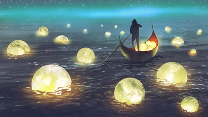 Foto auf Acrylglas Hotel Nachtlandschaft eines Mannes, der ein Boot zwischen vielen leuchtenden Monden rudert, die auf dem Meer schwimmen, digitaler Kunststil, Illustrationsmalerei