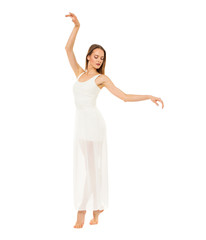 Portrait in full length, young slender woman in white dress