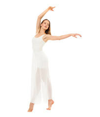 Fototapeta premium Portrait in full length, young slender woman in white dress