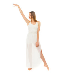 Naklejka premium Portrait in full length, young slender woman in white dress