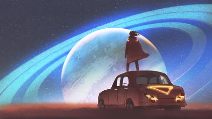 Tuinposter night scenery of the man standing on a vintage car looking at the planet with rings on a horizon, digital art style, illustration painting © grandfailure