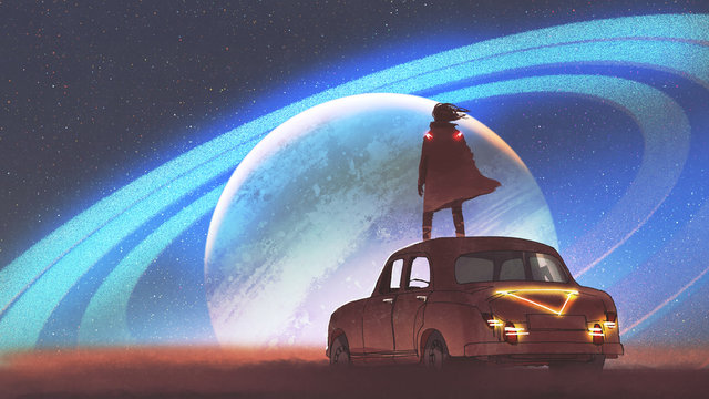 Fototapeta night scenery of the man standing on a vintage car looking at the planet with rings on a horizon, digital art style, illustration painting