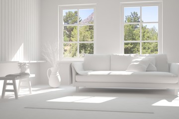 Idea of white room with sofa and summer landscape in window. Scandinavian interior design. 3D illustration