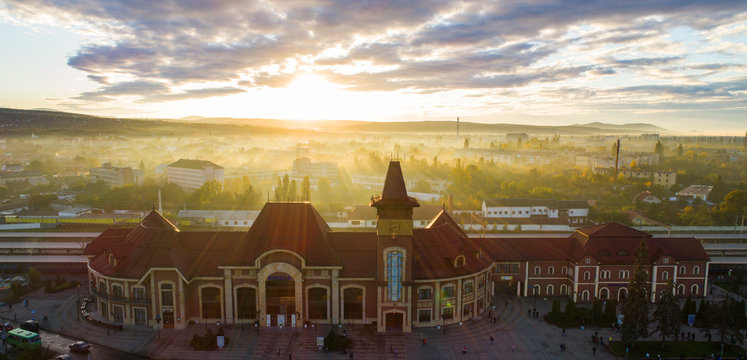Incredible aerial view of railway station in Uzhhorod, Ukraine, located in Zakarpattia Oblast