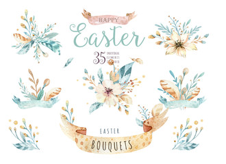 Watercolor flowers bouquets set with feathers. Watercolour color organic feather design print. Isolated illustration with hand drawn chic element. Floral foliage