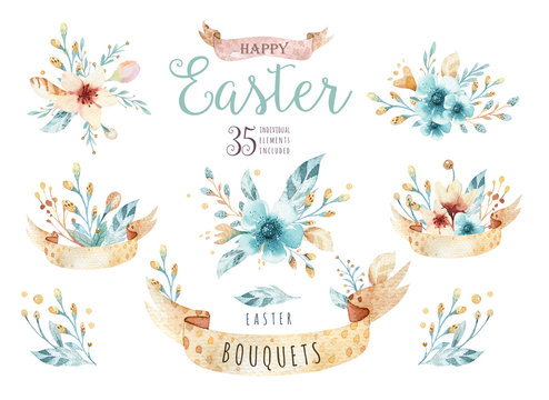 Watercolor flowers bouquets set with feathers. Watercolour color organic feather design print. Isolated illustration with hand drawn chic element. Floral foliage