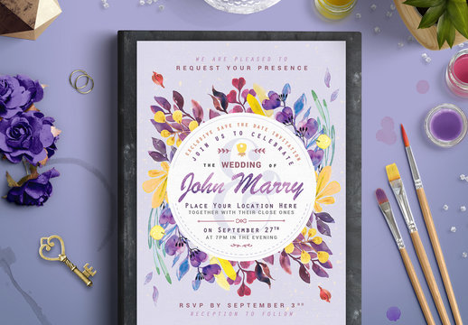 Purple and Yellow Floral Wreath Wedding Invitation 1