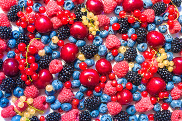 Summer fruit and berries. 6 types of raw organic farmer berries - raspberries blackberries blueberries strawberries red currants gooseberries.