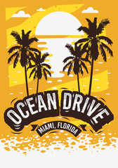 Fototapeta na wymiar Ocean Drive Miami Beach Florida Summer Poster Design With Palm Trees Illustration And A Sunrise On The Beach.