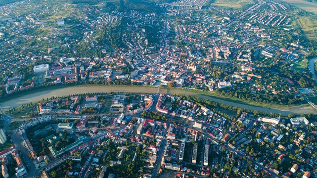 Flying over Uzhgorod city Ukraine