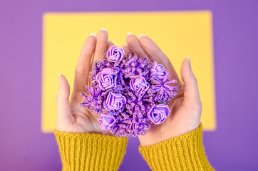 Ultra violet flowers in the hands of a woman in a yellow sweater on a purple yellow background color year trend