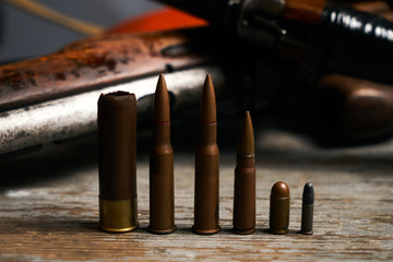 Different type of bullets and shotguns