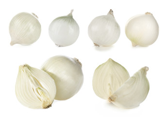 Set of ripe onions on white background