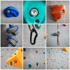 Collage with climbing holds and safety gear in gym