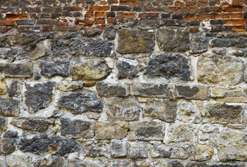Old destroyed brick wall. Invoice, background.