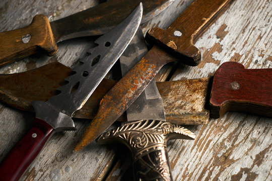 Set of old hunting handmade knives