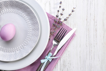 Beautiful festive Easter table setting with lavender